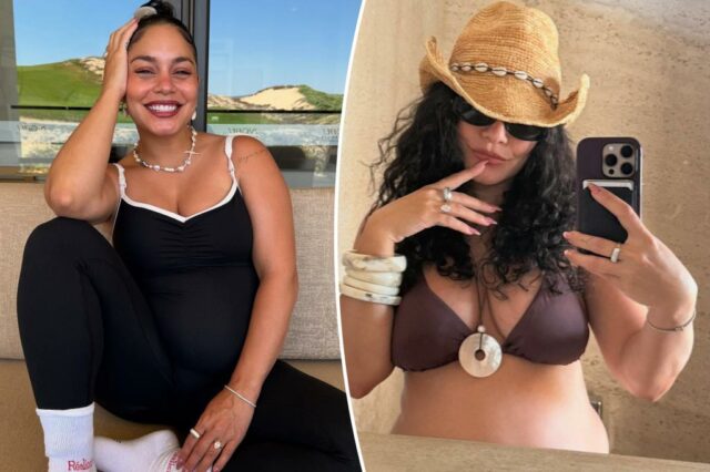 A grávida Vanessa Hudgee expõe seu nódulo em um biquíni marrom de férias


