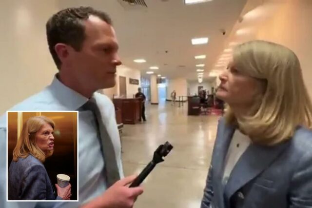 A senadora Lisa Murkowski está silenciosamente olhando para o repórter da NBC, perguntando sobre sua "ótima bela conta"

