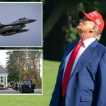 Aeronaves de acompanhantes F-16 fora do espaço aéreo perto do campo de golfe Trump