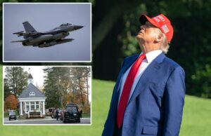 Aeronaves de acompanhantes F-16 fora do espaço aéreo perto do campo de golfe Trump Aeronaves de acompanhantes F-16 fora do espaço aéreo perto do campo de golfe Trump