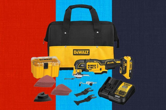 Dewalt 20V XR Multi Ferramentas com acessórios e uma bolsa para transportar.