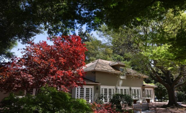 Pavilhão em Elizabeth F. Gamble Garden na terça -feira, 8 de abril de 2025, em Palo Alto, Califórnia. O Elizabeth Gamble Garden é uma propriedade de 2,5 hectares em Old Palo Alto, que consiste em jardins, uma casa histórica, uma casa de carruagem e uma sala de lacrimogêneo. (Aric Crabb/Bay Area News Group)