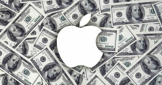 Logotipo da Apple em cima de muito dinheiro