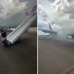 O passageiro e a criança evacuam as aeronaves da American Airlines por meio de um slide de emergência.