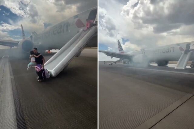 O passageiro e a criança evacuam as aeronaves da American Airlines por meio de um slide de emergência.