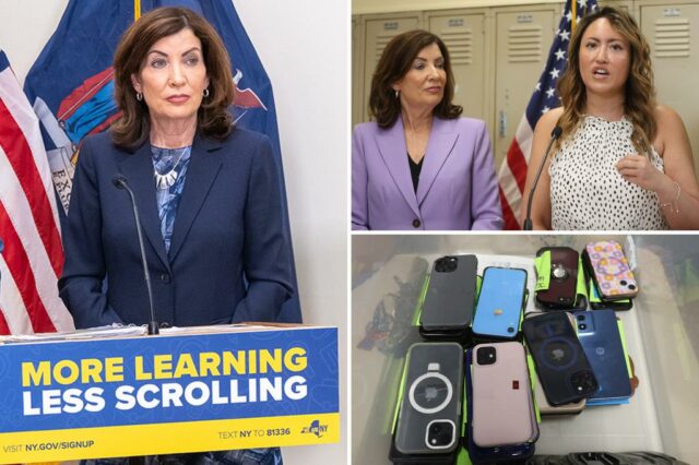 A governadora Kathy Hochul e as escolas de Nova York, Chanceler Melissa Aviles-Mamos, falando na Walton High School.