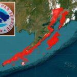 Mapa do Alasca mostrando as áreas de alerta do tsunami.