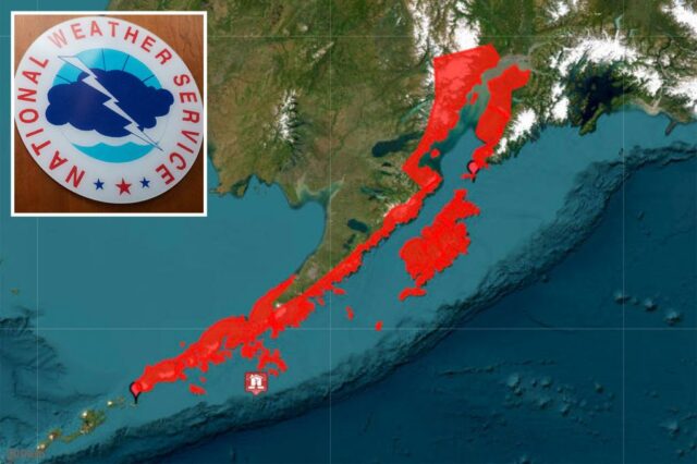 Mapa do Alasca mostrando as áreas de alerta do tsunami.