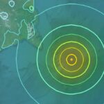 Mapa mostrando o epicentro do terremoto e as rodas concêntricas indicando intensidade.