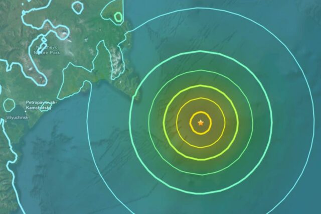 Mapa mostrando o epicentro do terremoto e as rodas concêntricas indicando intensidade.