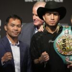 Manny Pacquiao, Sol e o campeão dos médios da WBC Mario Barrios posou em uma conferência de imprensa em Las Vegas na quarta -feira, 16 de julho de 2025. Bob Santos Freddie Roach
