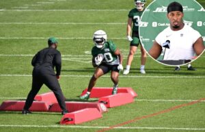 Breece Hall pronto para a “última chance” na verdadeira fuga de jatos – e um ótimo pagamento Os jatos que escapam do Breece Hall conversam com a mídia depois de treinar no campo de treinamento em Florham Park, NJ.