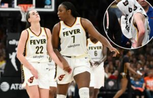Caitlin Clark parece renovar a virilha em uma febre grave Aliyah Boston #7 ajuda Caitlin Clark No. 22 Indiana Fever vai para o banco depois que ela foi retirada do jogo com uma lesão na segunda metade da partida contra o Connecticut Sun no Jardim TD em 15 de julho de 2025 em Boston, Massachusetts.