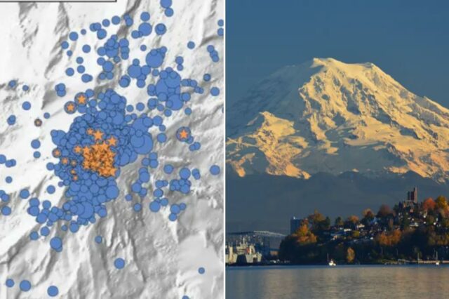 Um mapa mostrando terremotos em Mount Rainier, 8 de julho de 2025 e terremotos de 2020.