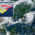 Chantal de tempestades tropicais na costa leste dos Estados Unidos em 5 de julho de 2025.