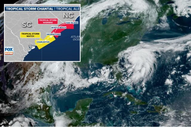 Chantal de tempestades tropicais na costa leste dos Estados Unidos em 5 de julho de 2025.