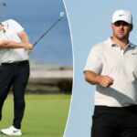 Golfista no campo de golfe. Chris Getterup, dos Estados Unidos, no sexto buraco no terceiro dia de 153 Open Championship no Royal Portush Golf Club em 19 de julho de 2025 em retratush, Irlanda do Norte.
