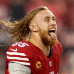 O final de San Francisco 49ers George Kittle e Kansas City Chiefs Tight End Travis Kelce aperta as mãos na segunda -feira, 5 de fevereiro de 2024. O San Francisco 49ers será contra o Kansas City Chiefs no Super Bowl 58 no domingo. (AP Photo/Matt York)