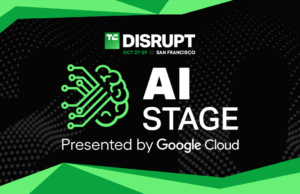 Conheça as cabeças que a IA forma: TechCrunch Disrupt 2025 AI estágio revelado TechCrunch Disrupt 2025 AI estágio com logotipo e nuvem branca do Google