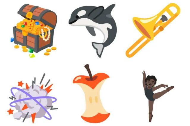 Ilustração de New Emoji: baú de impostos, orca, massas, cabeça explodindo, núcleo de maçã, dançarino de balé, deslizamento de terra e pé bigfoot.