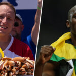 Joey Chestnut depois do concurso de comer cachorro -quente Nathan em 2025 e Usain Bolt depois de ganhar ouro nos Jogos Olímpicos de 2012.