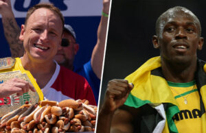 Debate sobre quem venceria o desafio entre Joey Chestnut, Usain Bolt se torna viral: “Este é o maior hipotético” Joey Chestnut depois do concurso de comer cachorro -quente Nathan em 2025 e Usain Bolt depois de ganhar ouro nos Jogos Olímpicos de 2012.