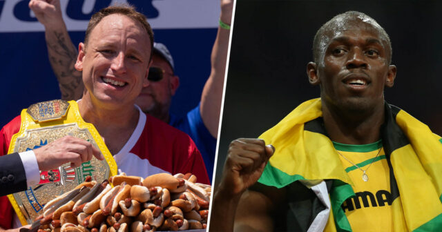 Joey Chestnut depois do concurso de comer cachorro -quente Nathan em 2025 e Usain Bolt depois de ganhar ouro nos Jogos Olímpicos de 2012.