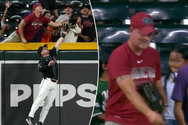 O Arizona Diamondbacks deixou o campo Tim Tawa pula na bola na bola atingida por Christian Koss, de San Francisco Giants, na oitava rodada durante a partida de beisebol na segunda -feira, 30 de junho de 2025 em Phoenix.