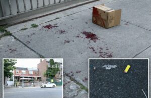 Dois meninos doíam enquanto brincam com fogos de artifício em Nova York: policiais Manchas de sangue e caixa de papelão na calçada.