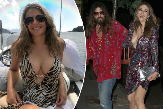 Elizabeth Hurley Gumns em maiô de estampa de leopardo, compartilha detalhes íntimos sobre a relação de Billy Ray Cyrus

