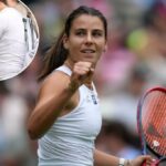 Emma Navarro, dos EUA, celebra a vitória na terceira rodada de singles femininos de Barbor Krejcikov da República Tcheca no Campeonato de Tênis de Wimbledon em Londres, sábado, 5 de julho de 2025.