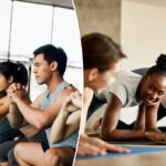 Uma mulher sorridente se estendendo com amigos nas aulas de academia.