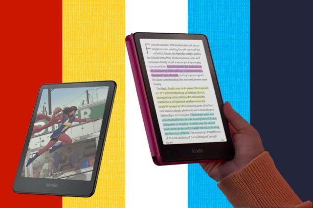 Mão segurando o tablet Kindle exibindo um livro com rostos reconhecíveis de Jane Morris e Kate Beaton na tela