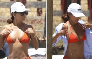 Eva Longoria surpreende o biquíni laranja quando ele manifesta o sol Eva Longoria 7