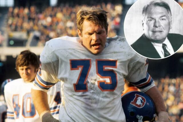 Denver Broncos luta com Roger Shoals (75) na linha lateral.