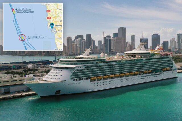 Vista para o ar do navegador do navio de cruzeiro do mar em Miami.