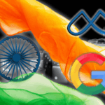 Google e Meta podem perder o escudo legal no meio da sonda de jogos de azar indiana. Ilustração com as cores da bandeira indiana com o Ashoka Chakra, Google e meta logotipos e dados pretos em segundo plano, simboliza um estudo legal de atividades de jogo on -line envolvendo os gigantes técnicos na Índia.