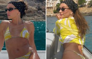 Hayley Bieber está compartilhando o novo produto Rhad com fotos da Bichlora para plugar Heyley Bieber Boreau durante o Plus