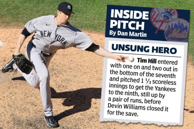 Tim Hill é jogado durante o jogo Yankees-Mets em 6 de julho de 2025. 