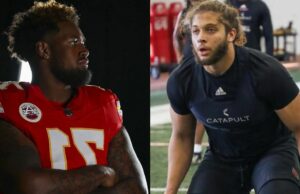 Izle: Josh Simmons, do Chiefs, está entrando em uma grande briga com Ashton Gillotte, jogando as mãos no acampamento da educação e rasgando os capacetes March Madness Logo