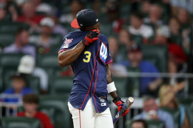 Jazz Chisholm Jr. Ele reage durante o Home Run Derby em 14 de julho de 2025. 