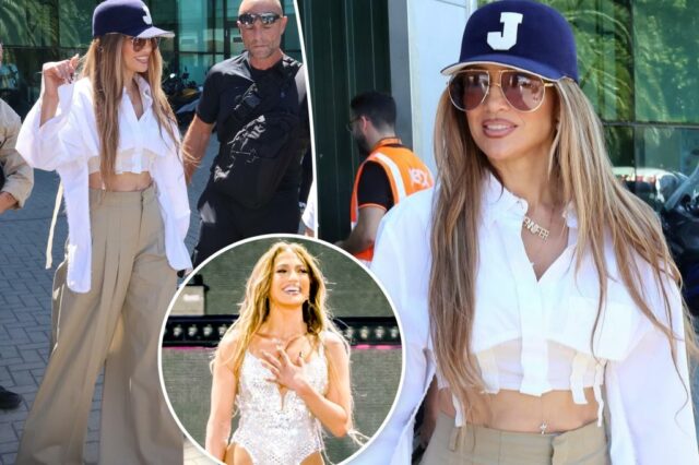 Jennifer Lopez revela seus músculos abdominais em um top da moda após a estréia de Ben Affleck Revenge Song


