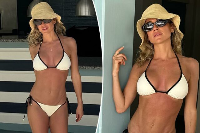 Kristin Cavallari, vestido com um biquíni, mostra sua forma impressionante depois de revelar o implante mamário

