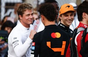 Lando Norris, McLaren F1 de Brad Pitt McLaren F1 “Pergunta Real” Lando Norris (4) McLaren Mcl38 F1 2024 EUA na pista durante o Grande Prêmio. Fonte: Getty