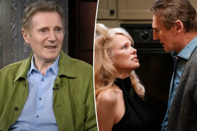 Liam Neeson faz brincadeira insolente sobre as filmagens de cenas íntimas "nua nu" com Pamela Anderson

