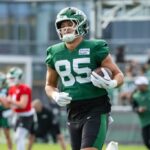 Os Jets Final Final Mason Taylor (85) realizam exercícios durante o treinamento no NFL NFL Training Camp, no sábado, 26 de julho de 2025.