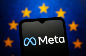 Meta para parar de vender anúncios políticos na UE a partir de outubro The Meta Platforms logo is seen displayed on a smartphone screen and the flag of the European Union in the background.