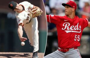 Metts no meio dos irmãos Twin Rogers, que é entregue dentro de poucas horas durante a data comercial da MLB O arremessador San Francisco Giants joga beisebol.