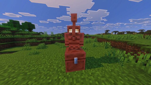 Você precisará de um bloco de cobre e uma abóbora esculpida para revelar um Goem de cobre e um baú (imagem via Sportskea Gaming || Mojang Studios)