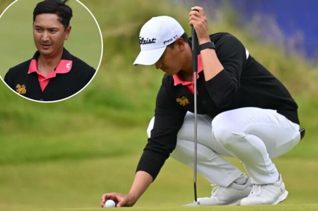 Sadom Kazewkanjana da Tailândia reconhece a multidão em 18 Green durante a primeira rodada do British Open em 17 de julho de 2025.